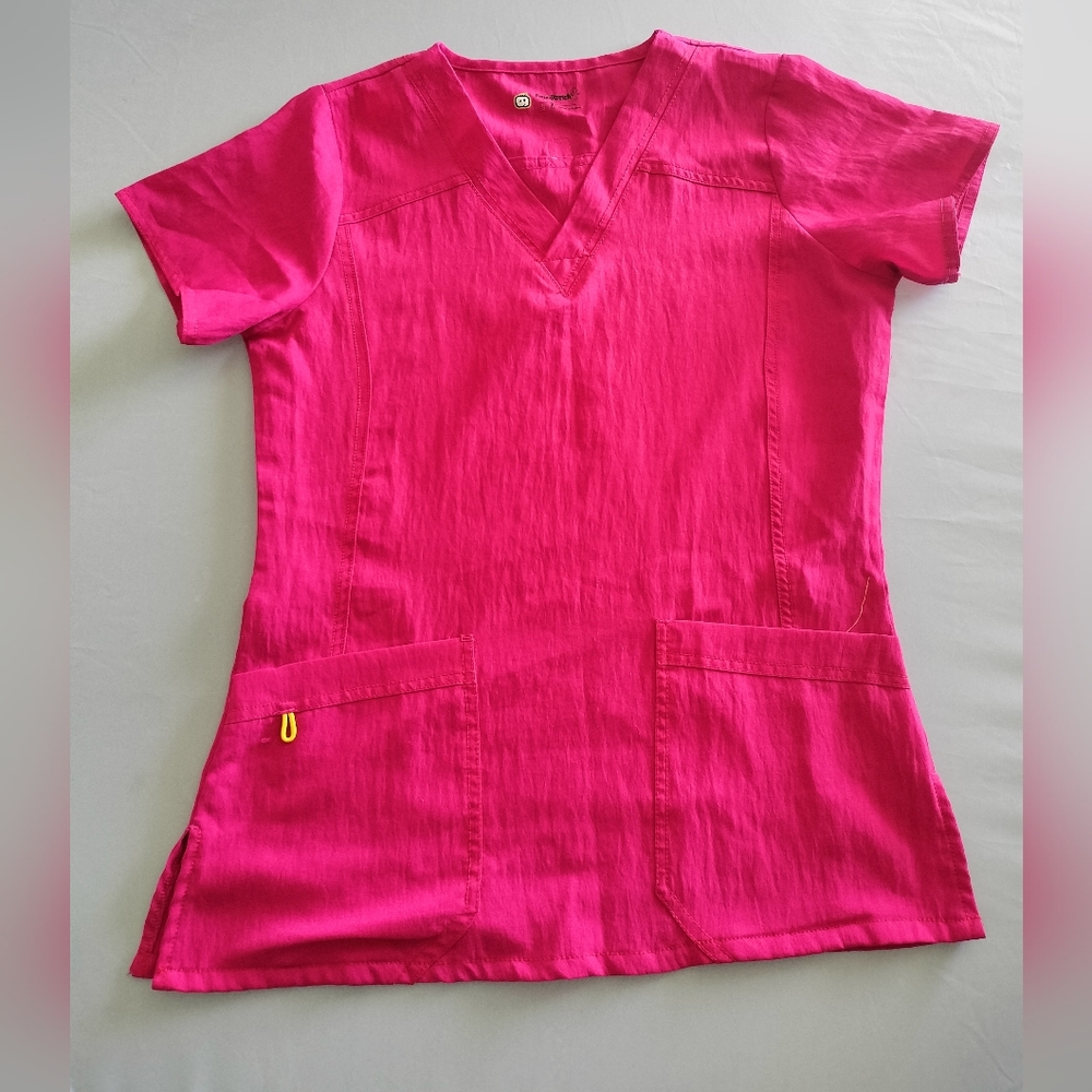 Four Stretch by WonderWink Scrub Top Small Womens Pimk Short Sleeve V-neck